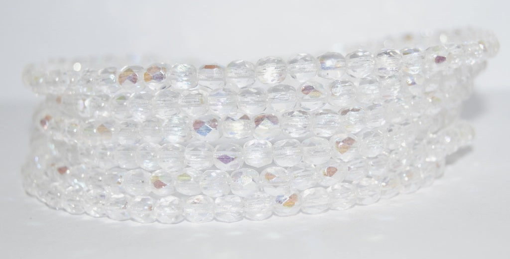 ファイヤーポリッシュラウンドファセットビーズ、クリスタルAb（00030-AB）、ガラス、チェコ共和国〜STRANDED