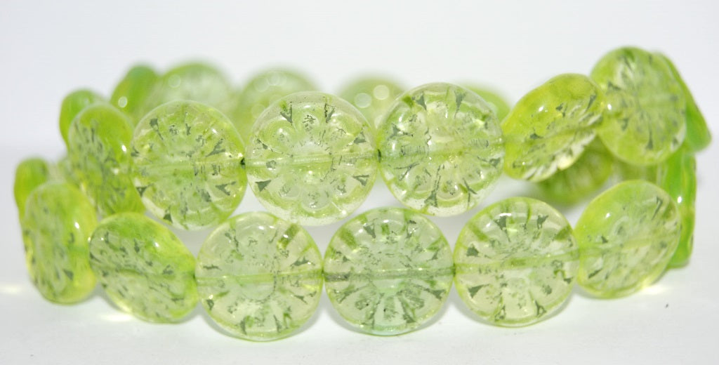 Flat Round With Flower Pressed Glass Beads, Mix Yellow Green Uranium 55202 (57801-55202), Glass, Czech Republic ~ STRANDED