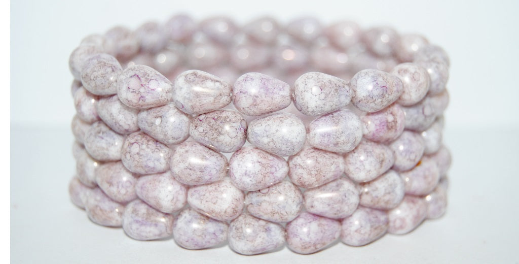 Pear Drop Pressed Glass Beads, White Terracotta Lila (02010-15494), Glass, Czech Republic