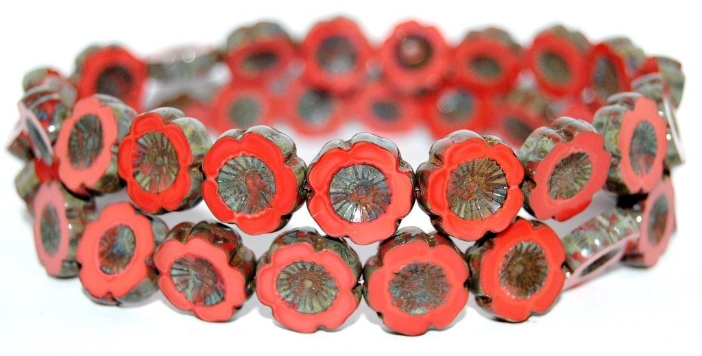 Table Cut Round Beads Hawaii Flowers, Red Travertin (93400-86800), Glass, Czech Republic