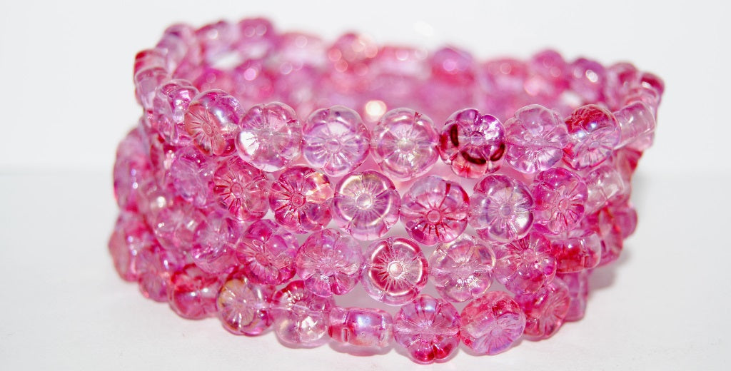 ハワイの花の押しガラスビーズ、クリスタル光沢レッドピンク（00030-48120）、ガラス、チェコ共和国