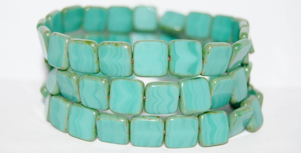 OUTLET 10 grams Table Cut Square Beads, 11 x 11 mm, Opaque Green Travertin (53130-86800), Glass, Czech Republic