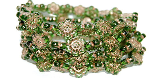 Flower Pressed Glass Beads, Transparent Green Copper Lined (50130-54200), Glass, Czech Republic ~ STRANDED