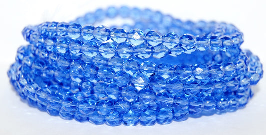 ファイアポリッシュラウンドファセットビーズ、透明ブルー（30040）、ガラス、チェコ共和国