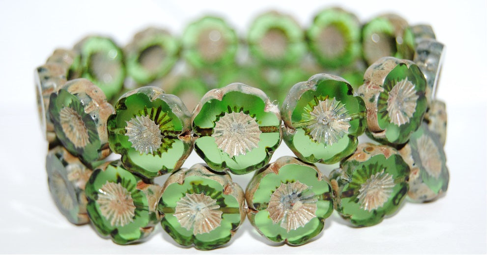 OUTLET 10 grams Table Cut Hawaii Flower Beads, 16 x 16 mm, Transparent Green Picasso (50130-43400), Glass, Czech Republic