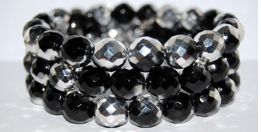OUTLET 10 grams Faceted Round Fire Polished Beads, Black Crystal Silver Half Coating (23980-27001), Glass, Czech Republic