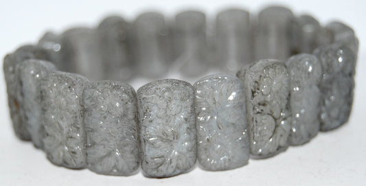 アウトレット 10グラム 平らな長方形2穴プレスガラスビーズ 花付き 19 x 11 mm ホワイトラスターブラック (02010-14449) ガラス チェコ共和国