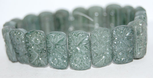 OUTLET 10 grams Flat Rectangle 2-Hole Pressed Glass Beads With Flower, 19 x 11 mm, White Luster Green Full Coated (02010-14459), Glass, Czech Republic