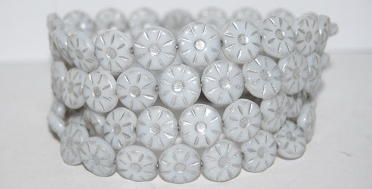 Flower Pressed Glass Beads, White 54201 (2010 54201), Glass, Czech Republic ~ STRANDED
