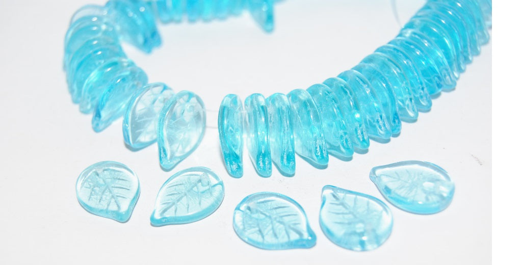 Leaf Pressed Glass Beads, Transparent Aqua (60010B), Glass, Czech Republic ~ STRANDED