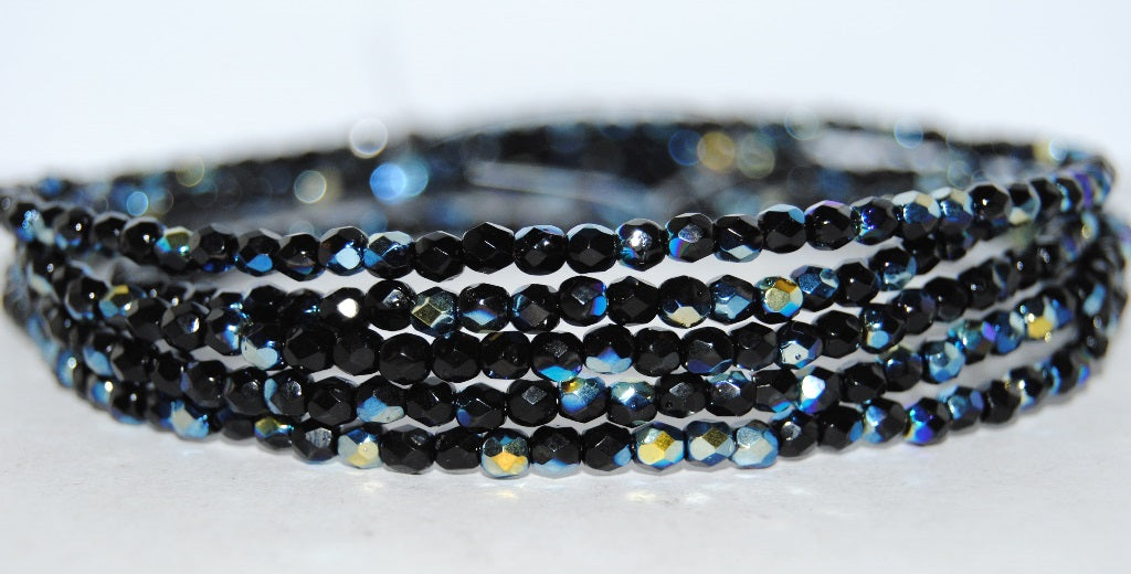 ファイヤーポリッシュラウンドファセットビーズ、ブラックAB（23980-AB）、ガラス、チェコ共和国〜STRANDED