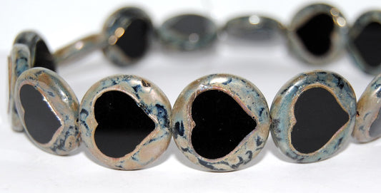 アウトレット 10グラム テーブルカットラウンドビーズ ハート付き 21 x 21 mm ブラックピカソ (23980-43400) ガラス チェコ共和国