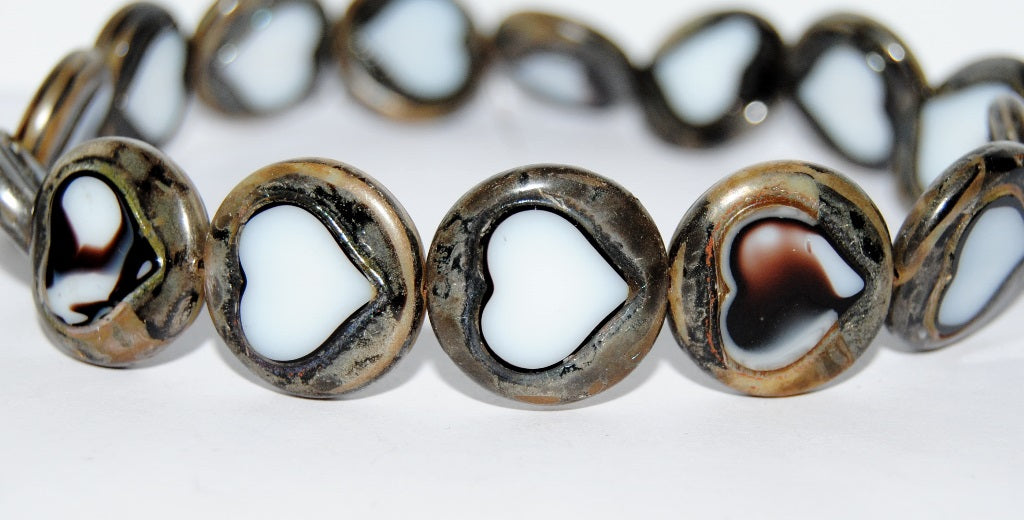 テーブルカットラウンドビーズ（ハート付き）、ブラウンホワイトピカソ（17025-43400）、ガラス、チェコ共和国