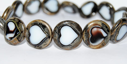 テーブルカットラウンドビーズ（ハート付き）、ブラウンホワイトピカソ（17025-43400）、ガラス、チェコ共和国