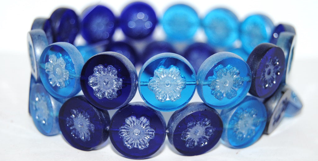 OUTLET 10 grams Table Cut Round Beads With Flower, 16 x 16 mm, Mixed Colors Blue Luster Cream (MIX-BLUE-14401), Glass, Czech Republic