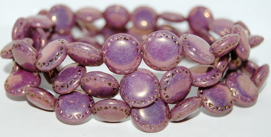 Flat Round Pressed Glass Beads With Ornament, White Luster Violet Full Coated (02010-14496), Glass, Czech Republic ~ STRANDED
