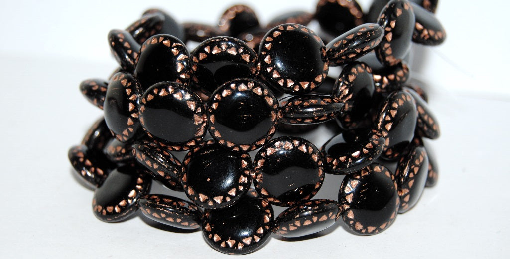 Flat Round Pressed Glass Beads With Ornament, Black Copper Lined (23980-54200), Glass, Czech Republic ~ STRANDED