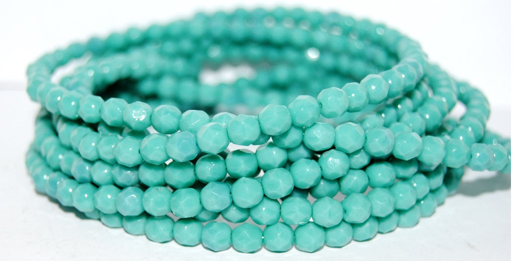 ファイヤーポリッシュラウンドファセットビーズ、ターコイズ（63120）、ガラス、チェコ共和国〜STRANDED