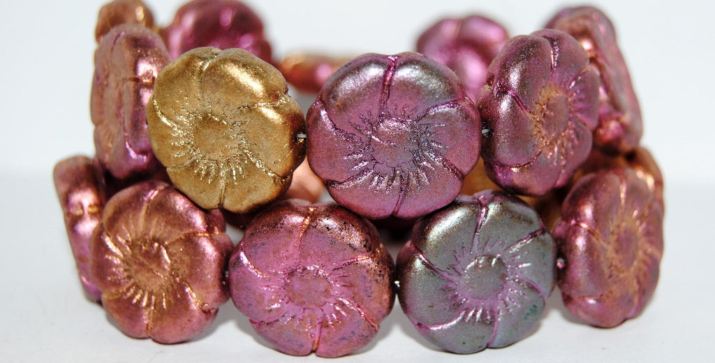 OUTLET 10 grams 6-Petal Flower Pressed Glass Beads, 22 x 22 mm, Yellow Gold Metallic Iris (01620), Glass, Czech Republic