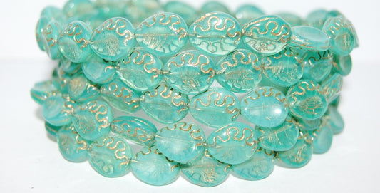 OUTLET 10 grams Tear Oval Pressed Glass Beads, 13 x 11 mm, Opal Aqua Gold Lined (61100-54202), Glass, Czech Republic