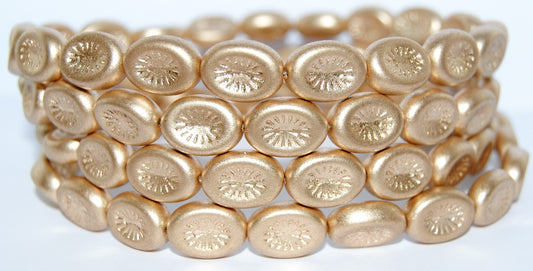 アウトレット 10グラム オーバルキウイプレスガラスビーズ、14 x 11 mm、アズテックペールゴールド（01710）、ガラス、チェコ共和国