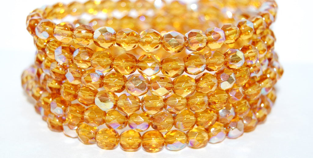 Fire Polished Round Faceted Beads, Transparent Orange Ab (10040-AB), Glass, Czech Republic
