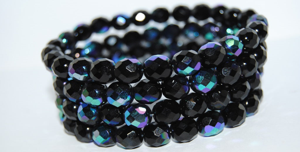 ファイヤーポリッシュラウンドファセットビーズ、ブラックAB（23980-AB）、ガラス、チェコ共和国〜STRANDED