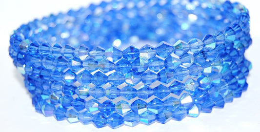 Fire Polished Sun Bicone Faceted Beads, Transparent Blue Ab (30040-AB), Glass, Czech Republic ~ STRANDED