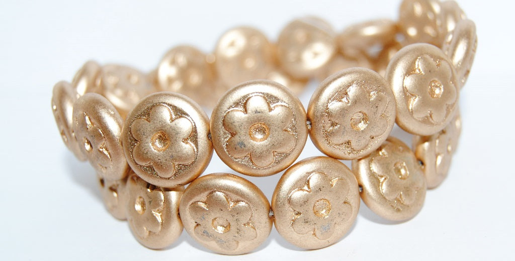 Round With Convex Flower Pressed Glass Beads, Aztec Pale Gold (01710), Glass, Czech Republic