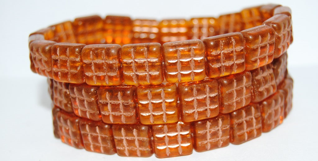 方形，含9颗方形压制玻璃珠，透明橙色，铜衬里（10080-54200），玻璃，捷克共和国