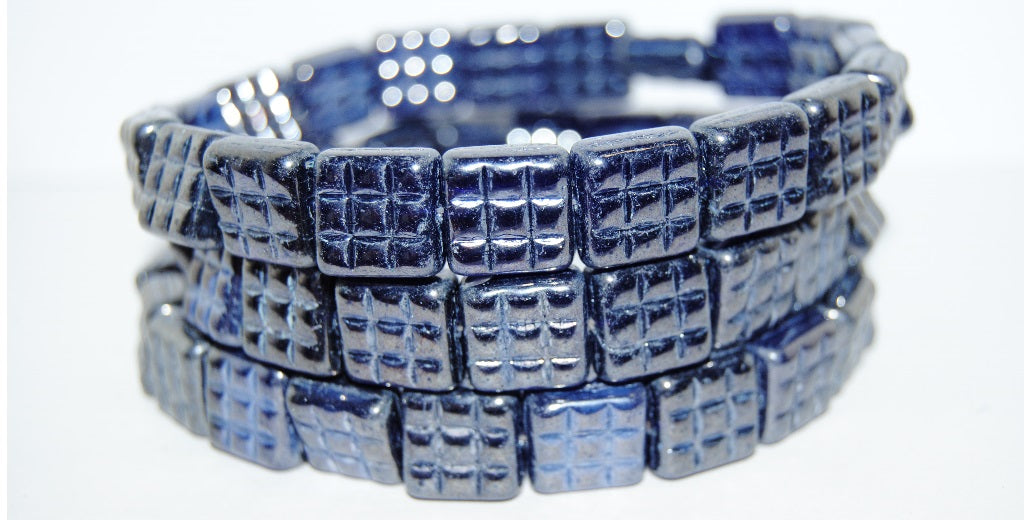 Square With 9 Squares Pressed Glass Beads, Transparent Blue Hematite (30090-14400), Glass, Czech Republic