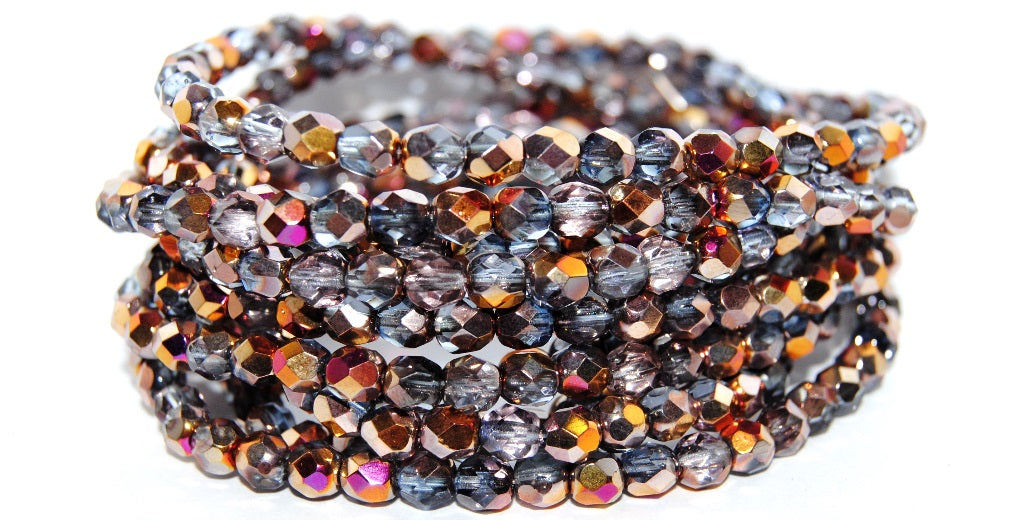 ファイアポリッシュラウンドファセットビーズ、透明ブルースリペリット（30020-29500）、ガラス、チェコ共和国