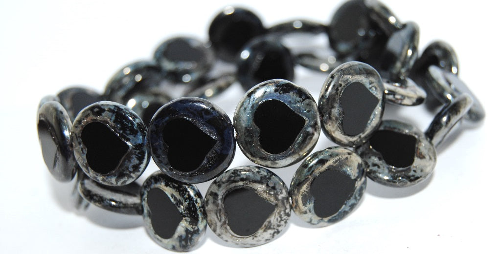 OUTLET 10 grams Table Cut Round Beads With Heart, 17 x 17 mm, Black Picasso (23980-43400), Glass, Czech Republic