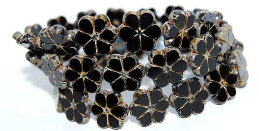 OUTLET 10 grams Table Cut Flower Beads, 15 x 15 mm, Black Picasso (23980-66800), Glass, Czech Republic