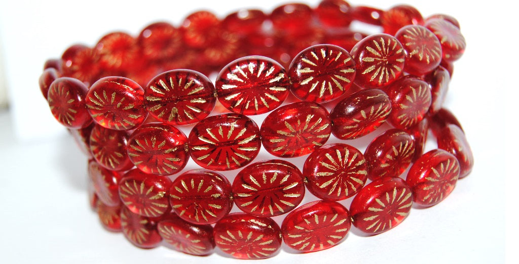 Flat Oval Pressed Glass Beads With Rays, Light Siam 54202 (90070 54202), Glass, Czech Republic ~ STRANDED