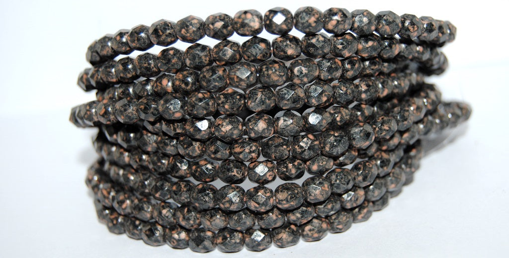 ファイヤーポリッシュラウンドファセットビーズ、ブラック銅ライニングアンティーク（23980-55307-ANTIQ）、ガラス、チェコ共和国〜STRANDED