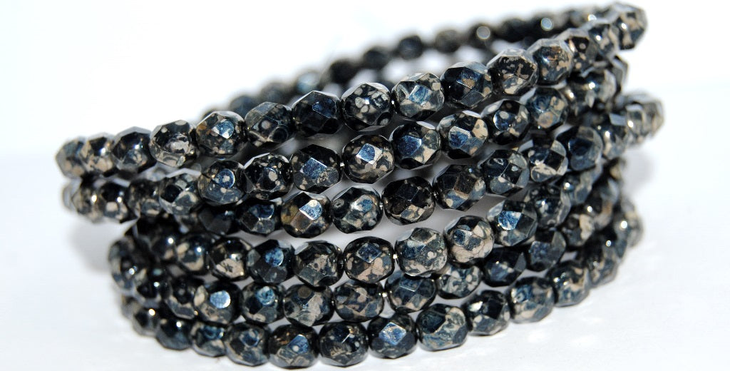 捷克共和国黑色伦勃朗洞石（23980-43500）玻璃火抛光圆形刻面珠子 ~ 串珠