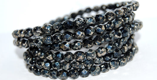 捷克共和国黑色伦勃朗洞石（23980-43500）玻璃火抛光圆形刻面珠子 ~ 串珠