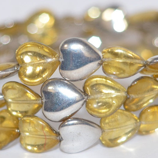 OUTLET 10  grams Heart Beads, 16 x 15 mm, Transparent Light Topaz Yellow Crystal Silver Half Coating (10020-27001), Glass, Czech Republic