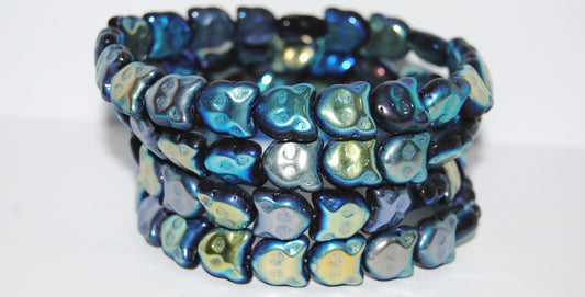 Cat Head Muzzle Pressed Glass Beads, Black Ab (23980-AB), Glass, Czech Republic