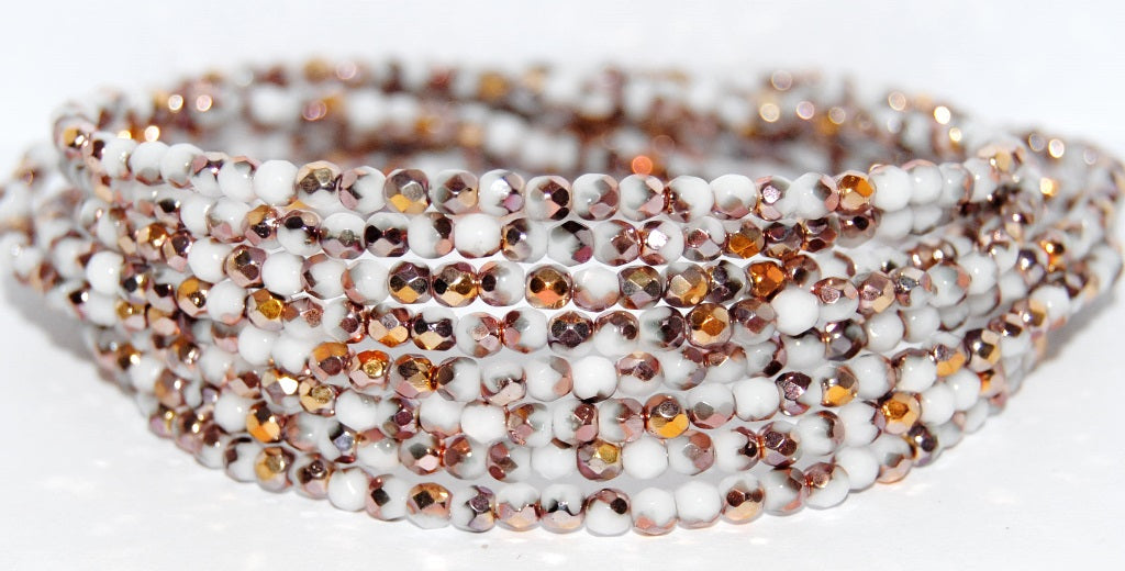 Fire Polished Round Faceted Beads, Chalk White Rose Gold Capri (03000-27101), Glass, Czech Republic