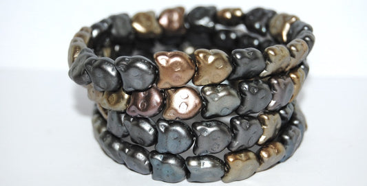 Cat Head Muzzle Pressed Glass Beads, Gray Gold Zink Metallic Iris (01670), Glass, Czech Republic