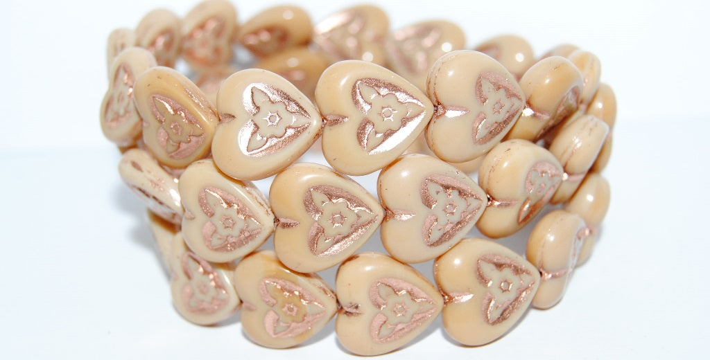 Heart With Flower Pressed Glass Beads, Beige Copper Lined (13020-54200), Glass, Czech Republic ~ STRANDED