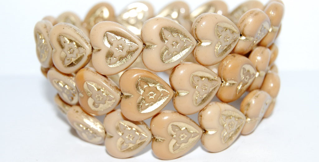 Heart With Flower Pressed Glass Beads, Beige Gold Lined (13020-54202), Glass, Czech Republic ~ STRANDED