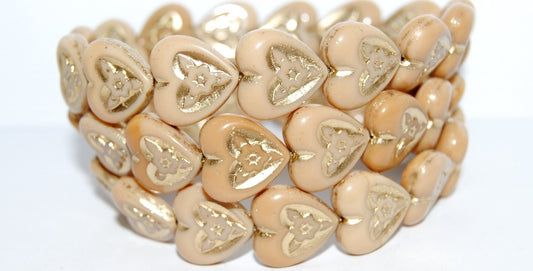 Heart With Flower Pressed Glass Beads, Beige Gold Lined (13020-54202), Glass, Czech Republic ~ STRANDED
