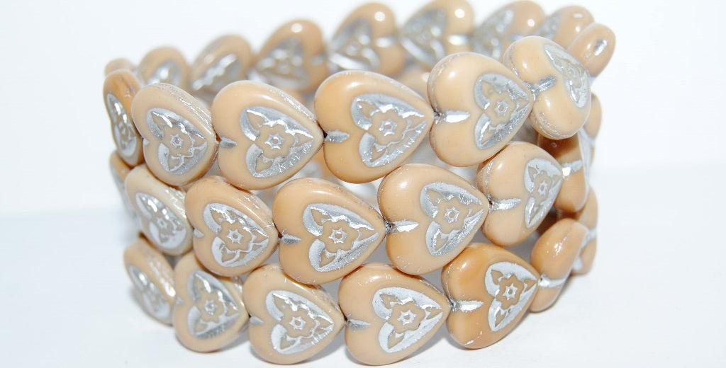 Heart With Flower Pressed Glass Beads, Beige Silver Lined (13020-54201), Glass, Czech Republic ~ STRANDED