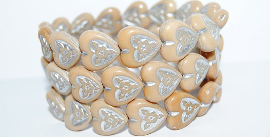 Heart With Flower Pressed Glass Beads, Beige Silver Lined (13020-54201), Glass, Czech Republic ~ STRANDED