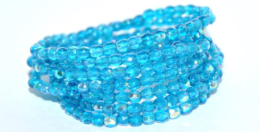 ファイアポリッシュラウンドファセットビーズ、3透明アクアAB（3-60040-AB）、ガラス、チェコ共和国