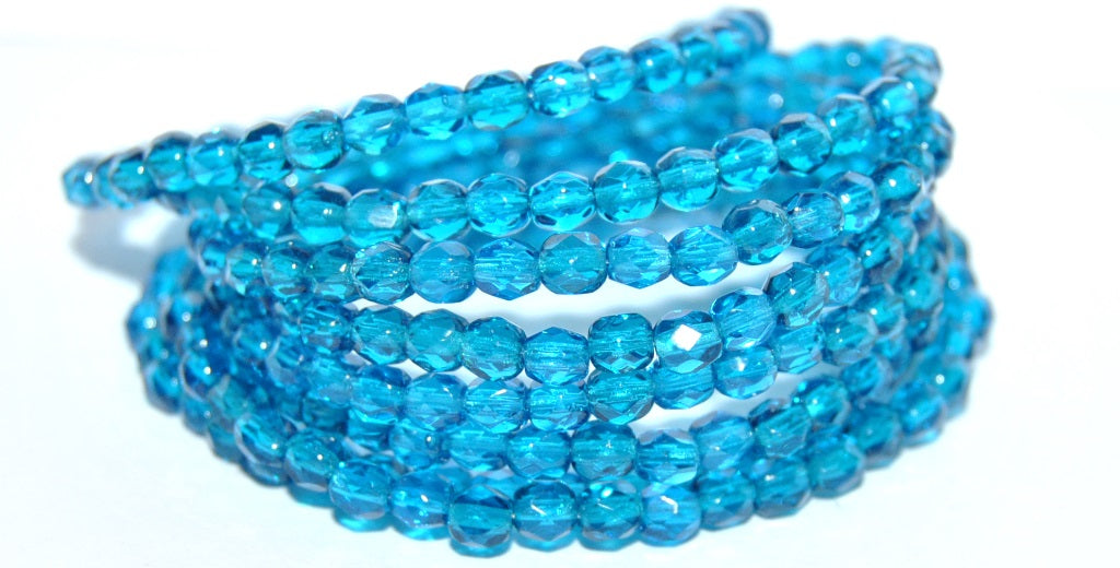 Fire Polished Round Faceted Beads, 4 Transparent Aqua (4-60040), Glass, Czech Republic