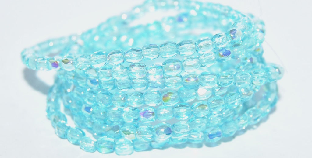 OUTLET 10 grams Faceted Round Fire Polished Beads, Transparent Aqua Ab (60000-28701), Glass, Czech Republic